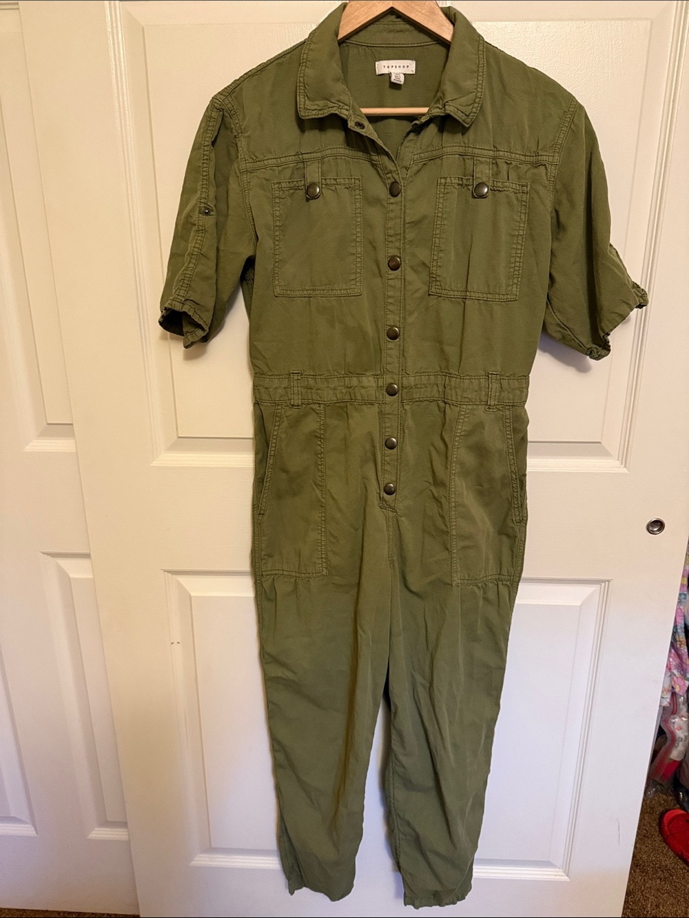 Topshop Olive Green Short-Sleeve Utility Jumpsuit